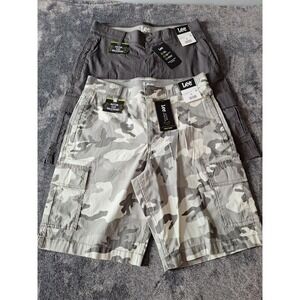 2 Pc Lot Lee Motion Flex Waistband Cargo Shorts Mens 30 Gray Camo Hiking Camping